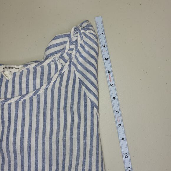 Beach Lunch Lounge Linen Dress Large Tiered Blue White Striped Puff Cottagecore - Picture 9 of 10